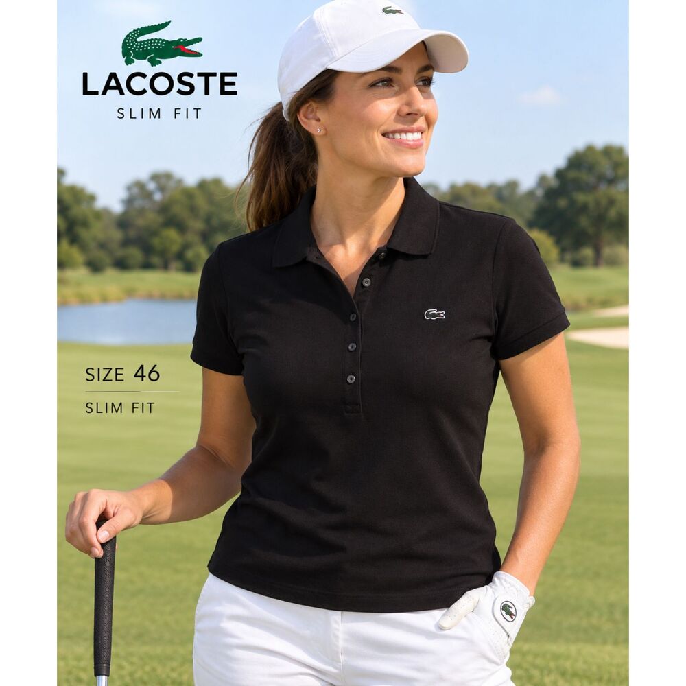 Lacoste Women Sz 46 XL Black Slim Fit Short Sleeve Polo Shirt Crocodile Logo #20